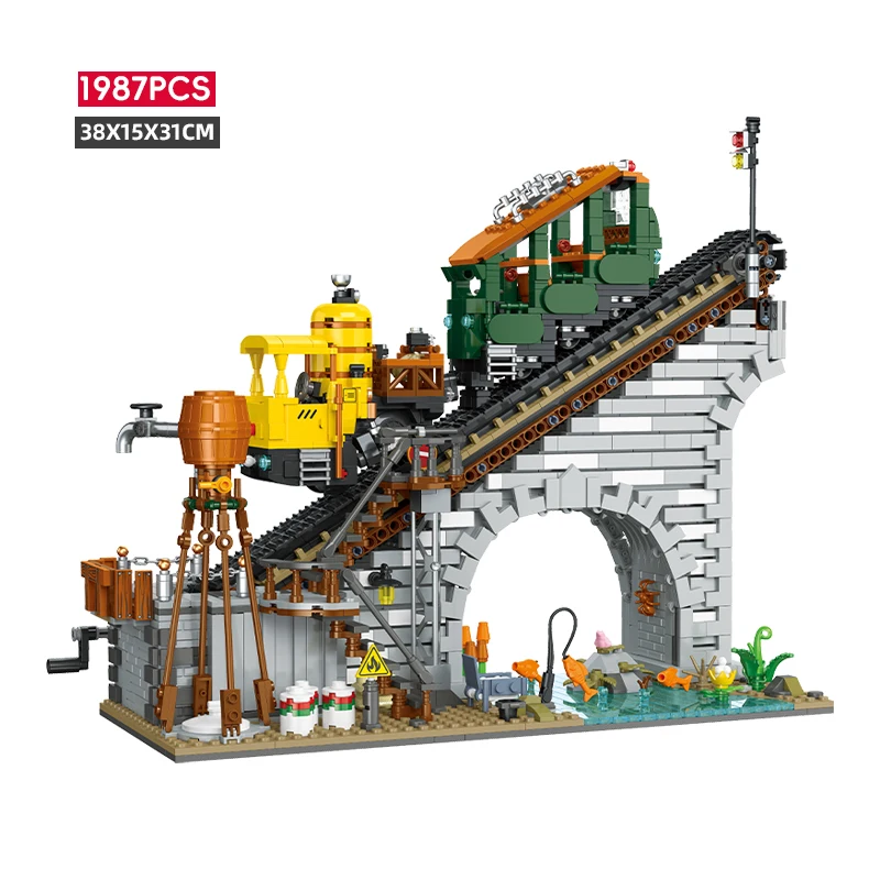 Blocs de construction de gare de ville médiévale, modèle de voiture sur Rail créatif, jouets en briques compatibles avec LEGO