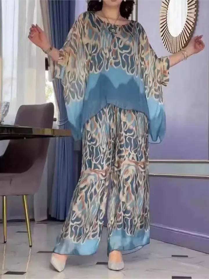 Conjunto de calças femininas em torno do pescoço solto vintage impresso superior cintura alta perna larga calças longas casuais conjuntos de duas peças roupas de deslocamento