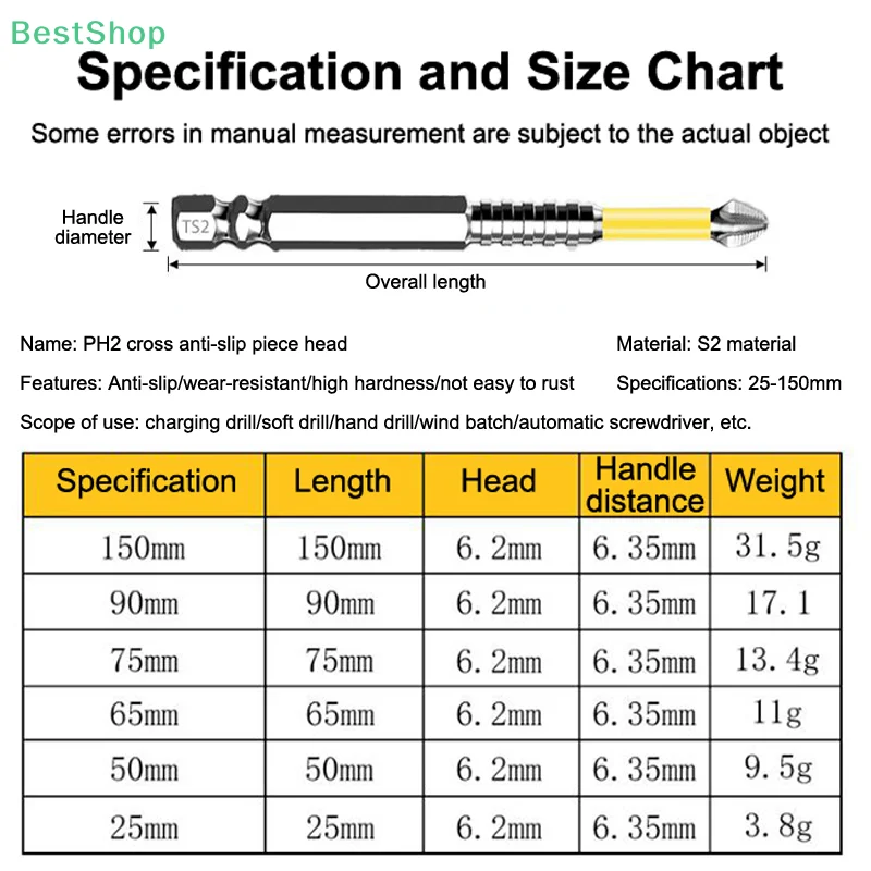 Punta da trapano a percussione antiscivolo 25/50/65/70/90/150mm Set di punte per cacciavite magnetico Gambo esagonale da 1/4 di pollice per trapano elettrico