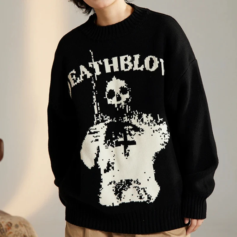 Y2k Winter Warme Halloween Übergroßen Pullover frauen Top Langarm Jumper Gestrickte Schädel Mantel Herbst Koreanische Gothic Harajuku Kapuze