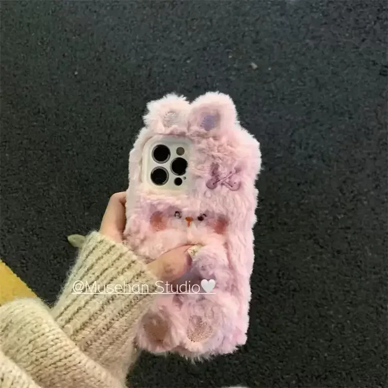 Pink Rabbit Suitable for   Phone Case   Soft Plush Phone Case For iPhone 11 12 13 14 15Pro Max mini Plus 3D Furry Fur Back Cover