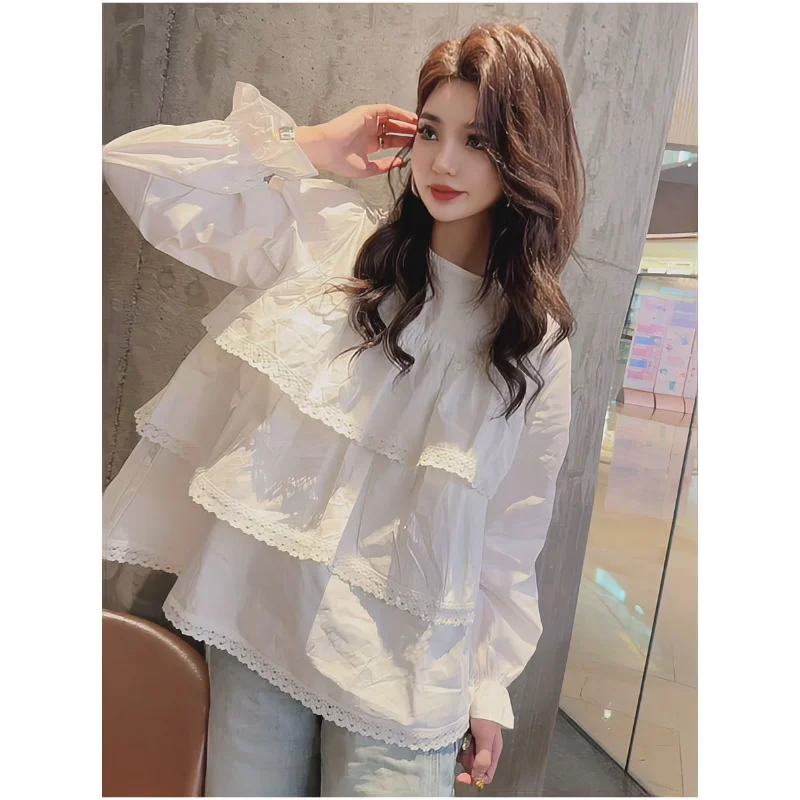 Chemisier blanc à manches longues pour femmes, col rond, volants à plusieurs niveaux, bordure en dentelle, haut ample et décontracté en mousseline de soie