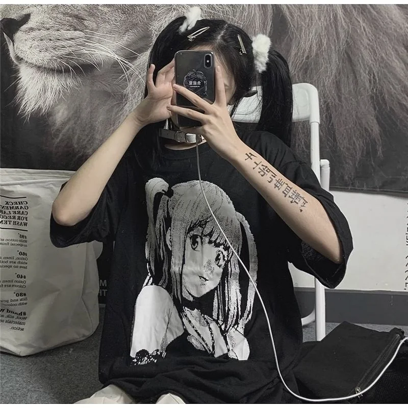 Japan Style Grunge E Girl Top Mujer Anime Print T-Shirts Women Black Goth Graphic Tees 2022 Summer Alt Clothes Punk Chic