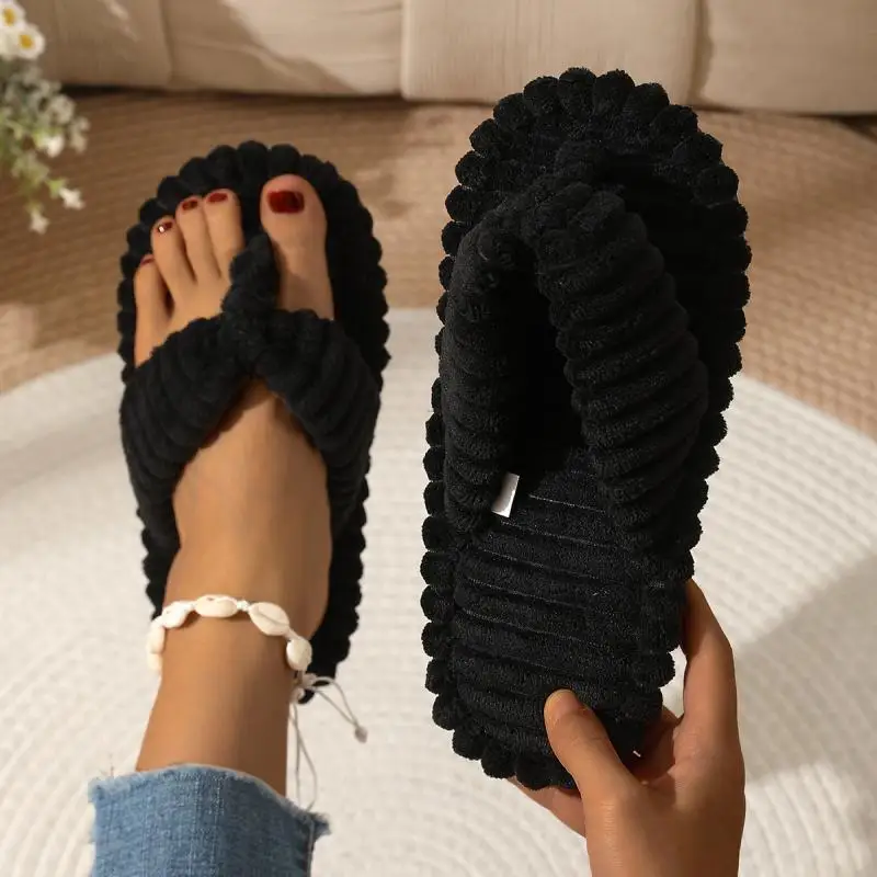 Bequeme Cord-Flip-Flops mit flachem Absatz für Damen, Winter 2026, flauschige Fell-Hausschuhe, Übergröße 45, warme Plüsch-Hausschuhe – Detail 7