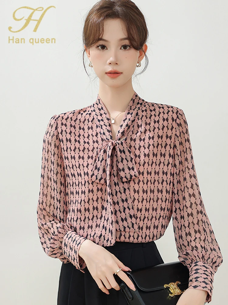 

H Han Queen Women Blouses Loose French Elegant Printing Office Long Sleeve Casual Top Simple Basic Shirt Korean Woman Clothing