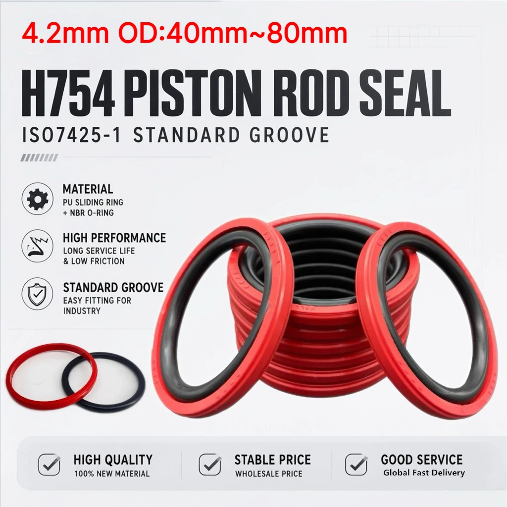 H754 Piston Rod Seal 4.2mm OD:40mm~80mm Double Acting Combination Oil Seal ISO7425-1 Standard Groove PU Sliding Ring+NBR O-ring