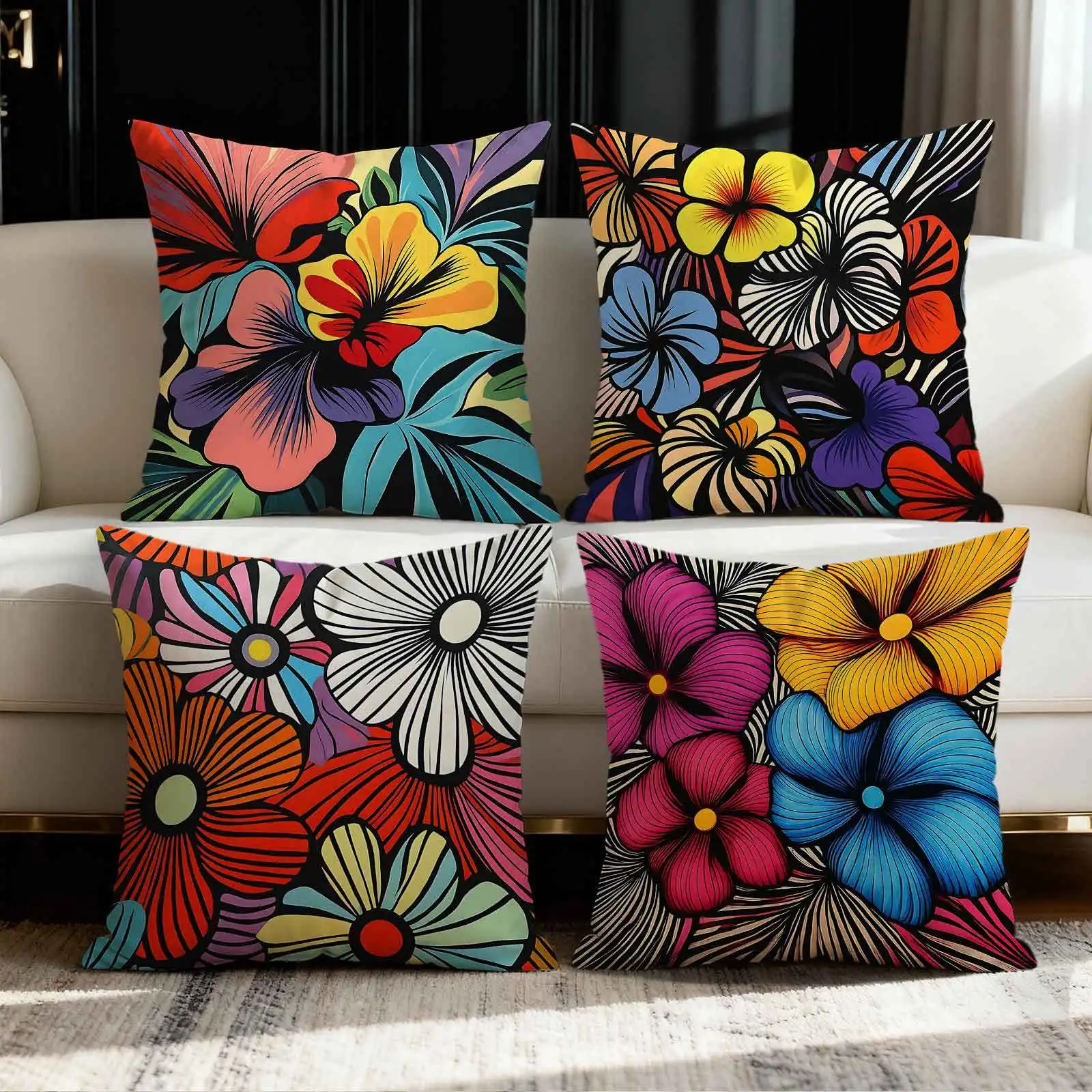 4pcs Bright floral design digital printing pillow cover Short plush Suitable living rooms bedrooms sofas throw cushion cover
