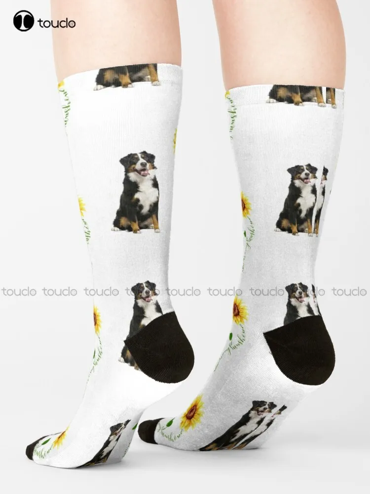 You Are My Sunshine Bernese Mountain Dog Socks Womens Black Fun Socks Cartoon Street Skateboard Socks 360° Digital Print Retro