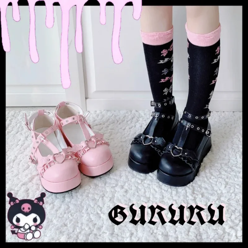 

CyDevilian Little Bat Style Bowknot Demon Dark Goth Punk Platform Lolita Kawaii Shoes Loli Косплей Туфли на высоком каблуке 5,5 см из искусственной кожи