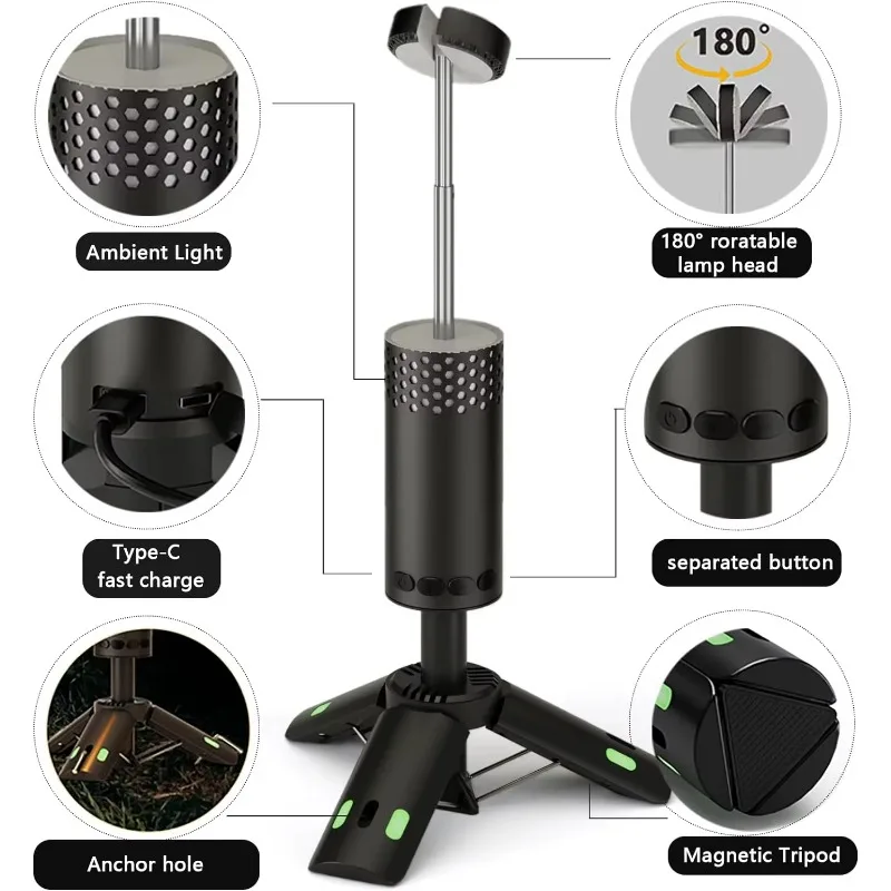 Lampu Camping LED Ringan dengan Basis Tripod Magnet Teleskopik 7800mAh untuk Petualangan Mendaki Memancing Tenda Perkemahan Suasana Camping
