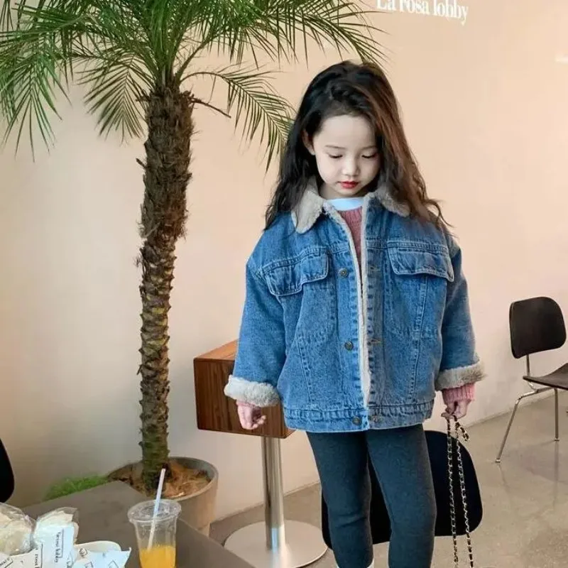 

Baby Girls' Denim Coat Imitation Rabbit Hair Autumn and Winter New Collection Children's Plush Thick Denim Cotton Coat