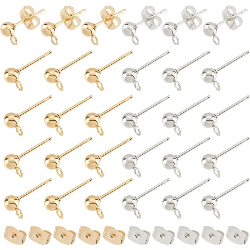 

120pcs 2 Colors Ball Stud Earring Round Stainless Steel Stud Ball Post Earring with Loop and Ear Nuts for Jewelry Earring Making