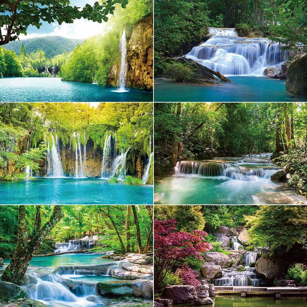 

Natural Spring Scenery Home Decoration Backdrop Green Forest Waterfall Mountain River Tree Background Photograph Studio Supplier