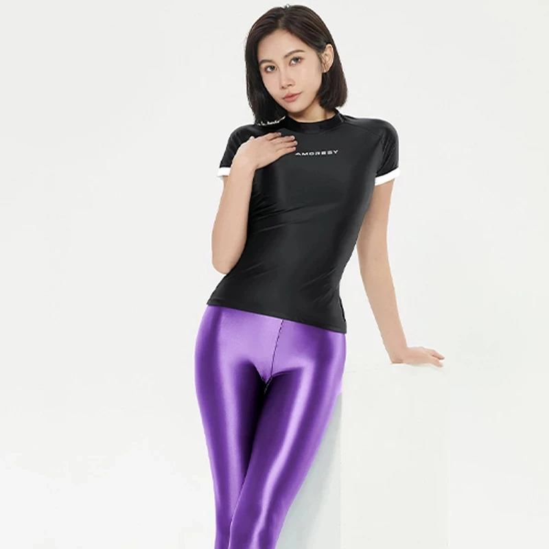 Silky smooth glossy T-shirt sexy tight short sleeve glossy silk base shirt casual versatile tights Sports swim cloths