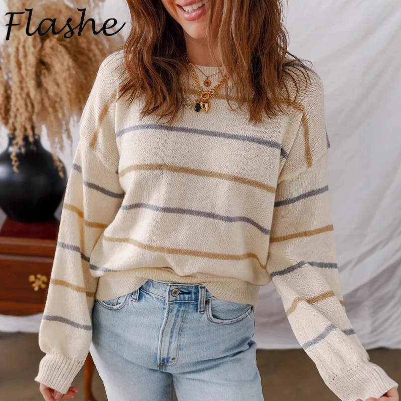 

Colorful Striped Sweater For Women Loose Knitted Pullover O Neck Long Sleeve Casual Autumn Winter Jumper Tops