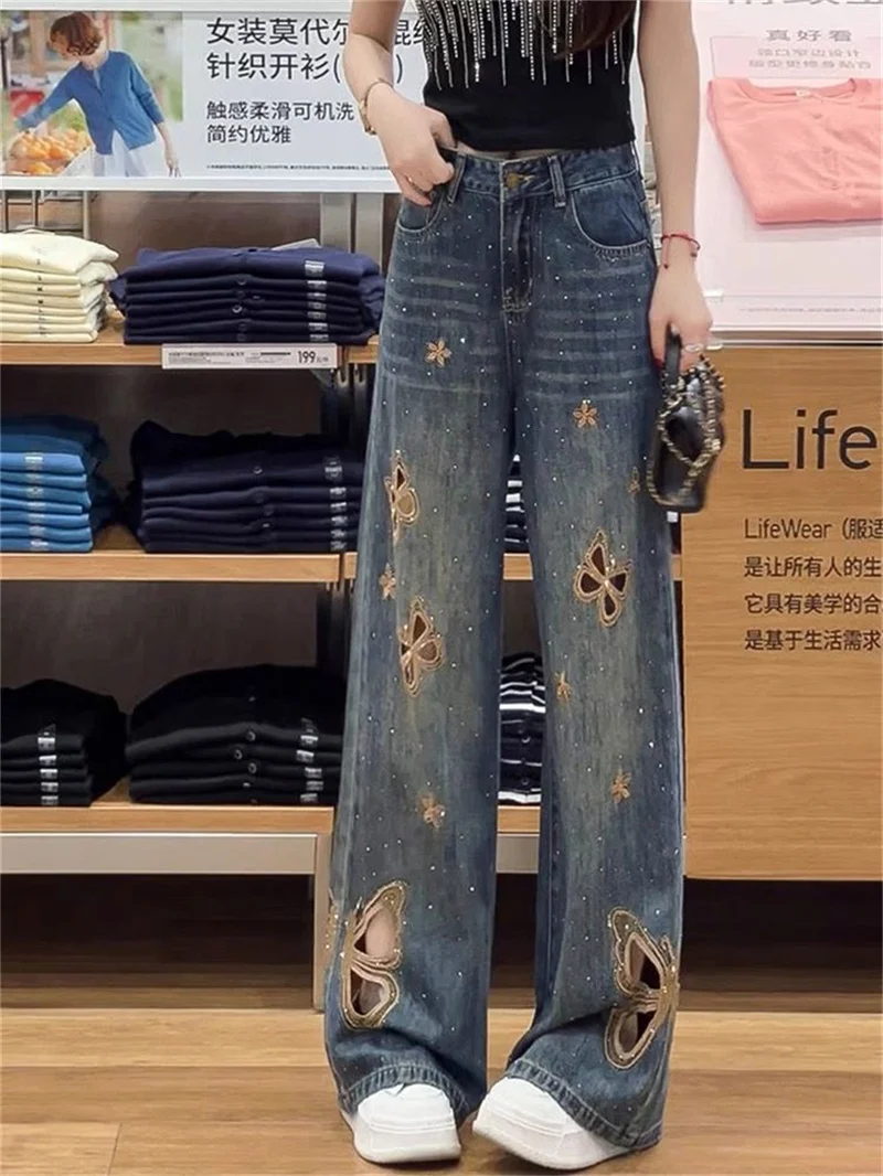 

Heavy Industry Hollowed Out Embroidered Butterfly Micro Flared Jeans 2025 Summer New Style Slim Fit and Fashionable High Waist