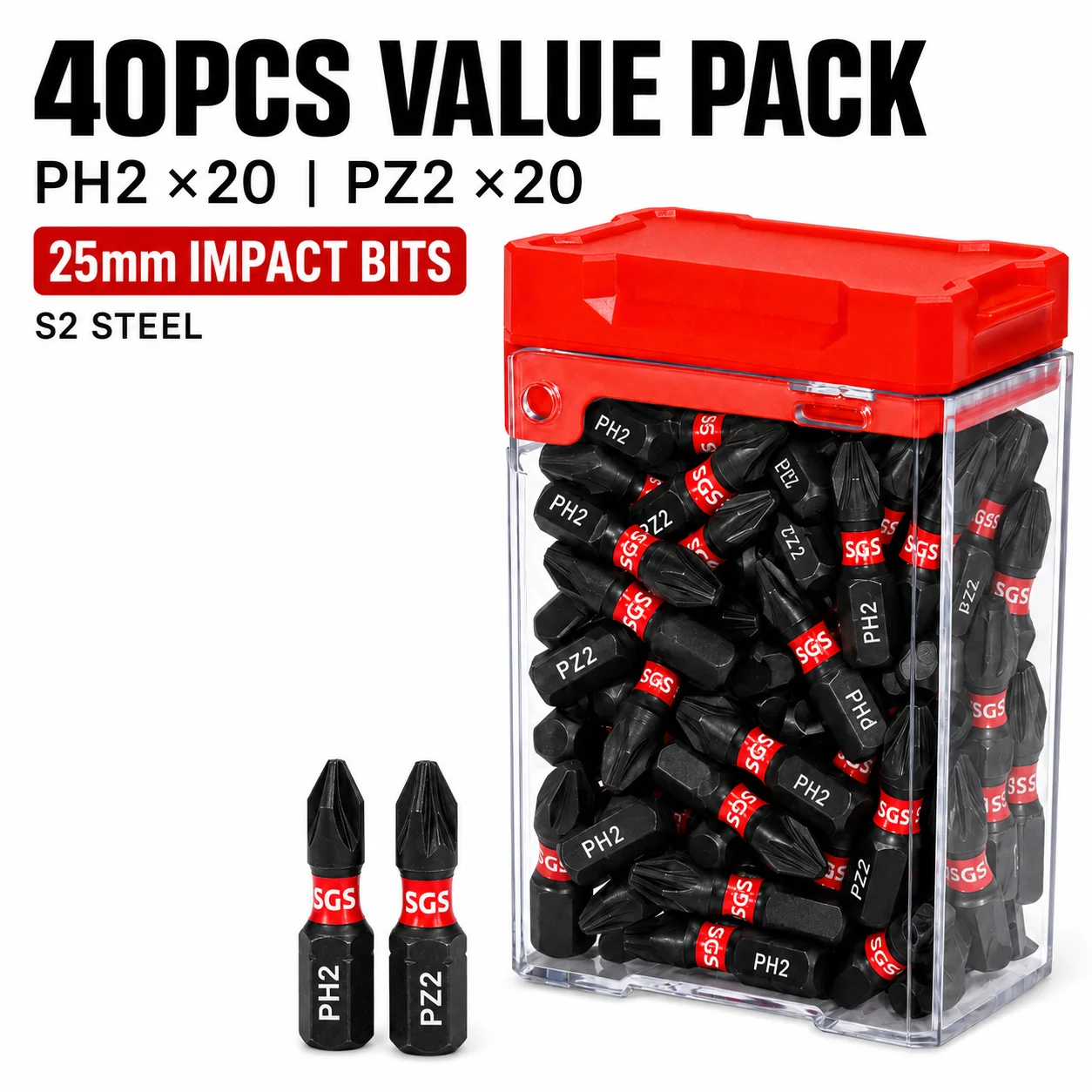 20/40PCS 25mm PH2 PZ2 Impact Screwdriver Bit Set S2 Steel Magnetic Phillips Pozidriv Bits 1/4 Hex Shank for Impact Driver Power Drill with Storage Box view 6