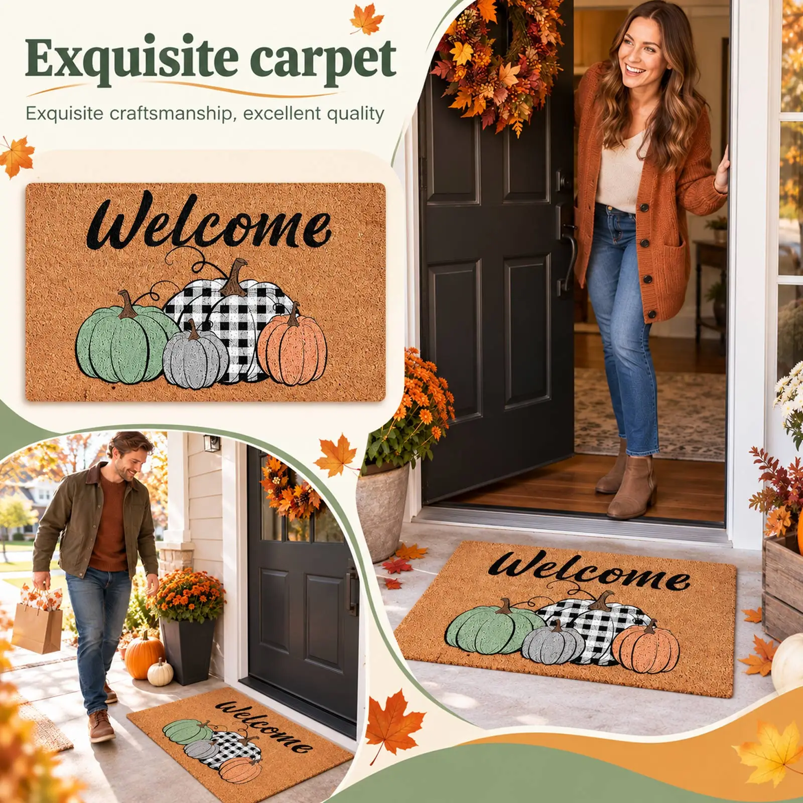 Fall Maple Leaf Pumpkin Pattern Doormat Autumn Front Door Mat Non Slip Welcome Rug Outdoor Entrance Home Decor