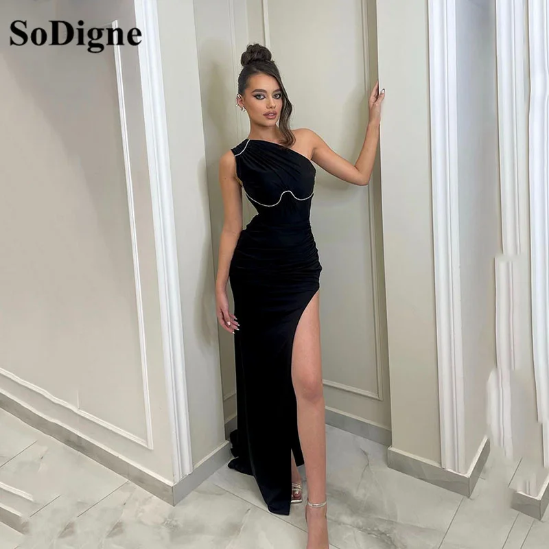 

SoDigne Black Mermaid Woman Dresses For Prom One Shoulder Pleat Side Split Formal Occasion Party Dress Evening Gown Floor Length