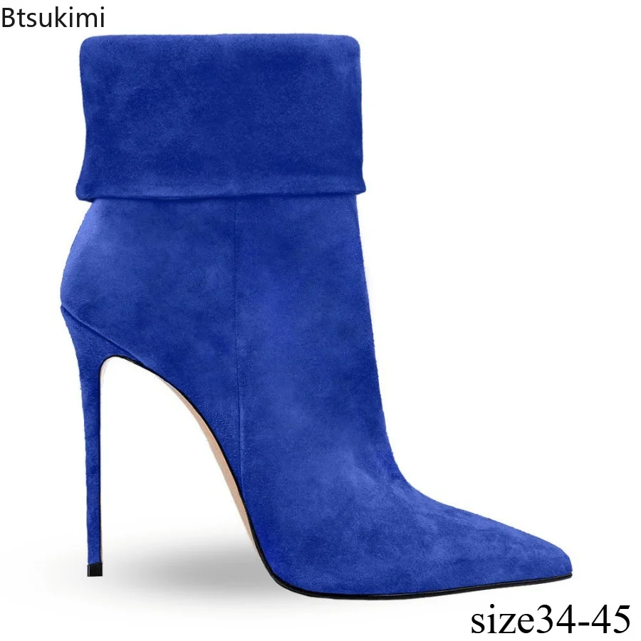 Women's Fashionable and Simple Slim Heeled Fashion Shoes Elegant Retro Suede Pointed High Heels Side Zipper Daily Short Boots