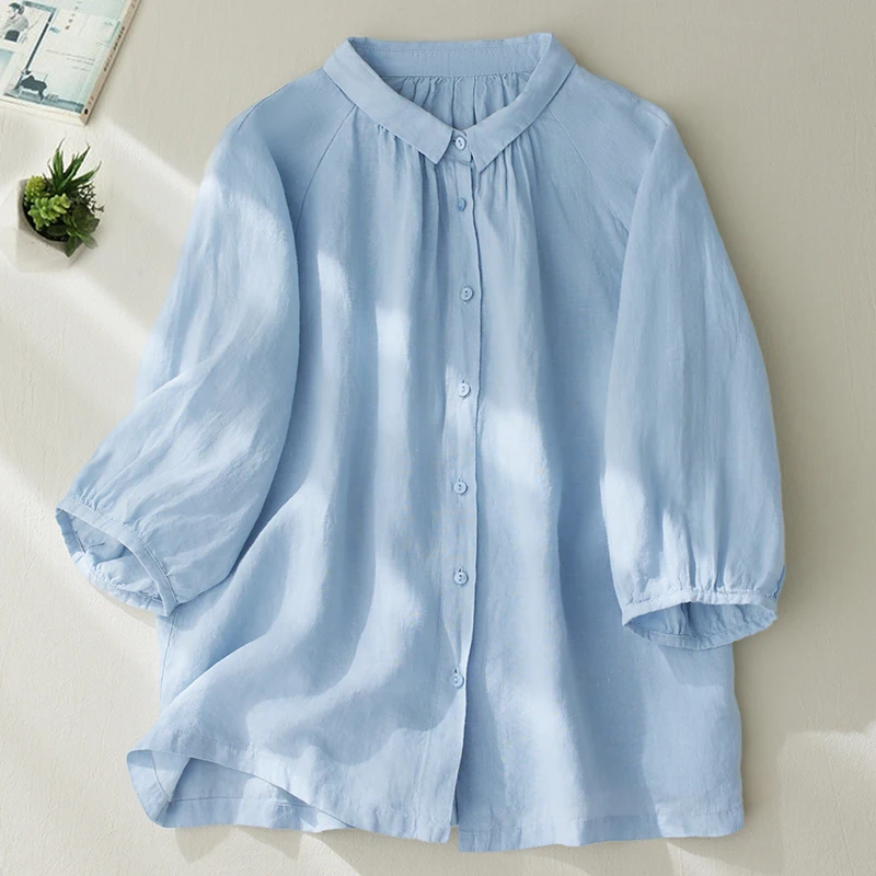 New Arrival Summer Solid Turn-down Cotton Linen Brief Blouse Shirt Button Elegant Office Ladies Women Casual Loose Tops Blusas