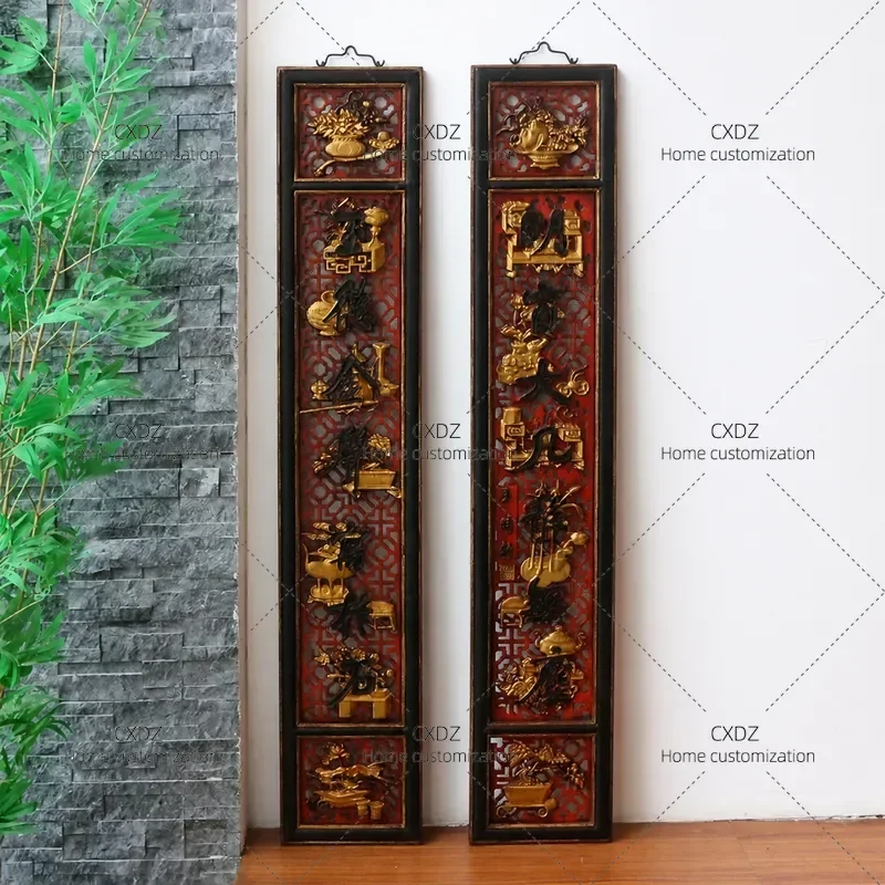 Dongyang Wood Carving Antique Solid Wood Plaque Chinese Classical Wall Art Custom Store Sign Board Couplets Home Decor