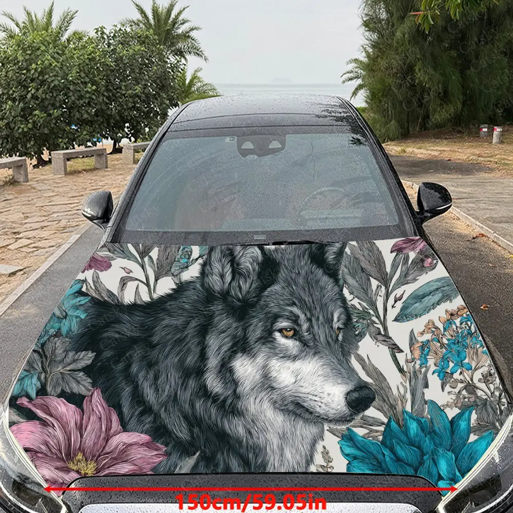 Whimsical Botanical Wolf Car Hood Sticker,Waterproof Self-Adhesive Vinyl Graphics Decals,Decorative Auto Accessories Stickers