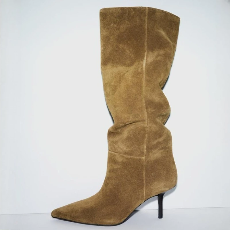 

2026 New Suede Heeled Knee-high Boots Women Pointed Toe Retro Winter Boots Female Dress Fashion Designer Knight Long Boots Women