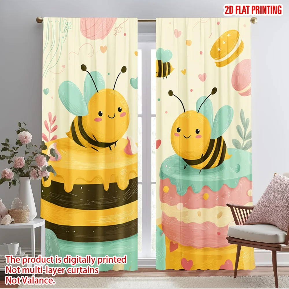 

2pcs 2D flat printing Curtain Cute bees and cakes Polyester Without Electricity Family Party Use for Yard & Garden No Power