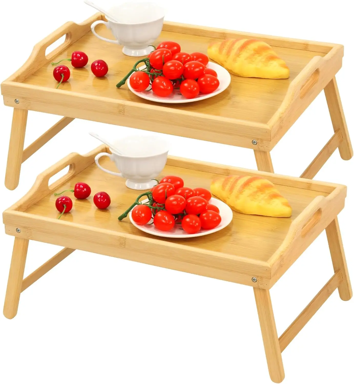 

2-пак. бамбукового подноса для кровати, складные ножки и ручки, стол для ноутбука для кровати или дивана, сервировочный поднос для еды, работы, чтения, пикника