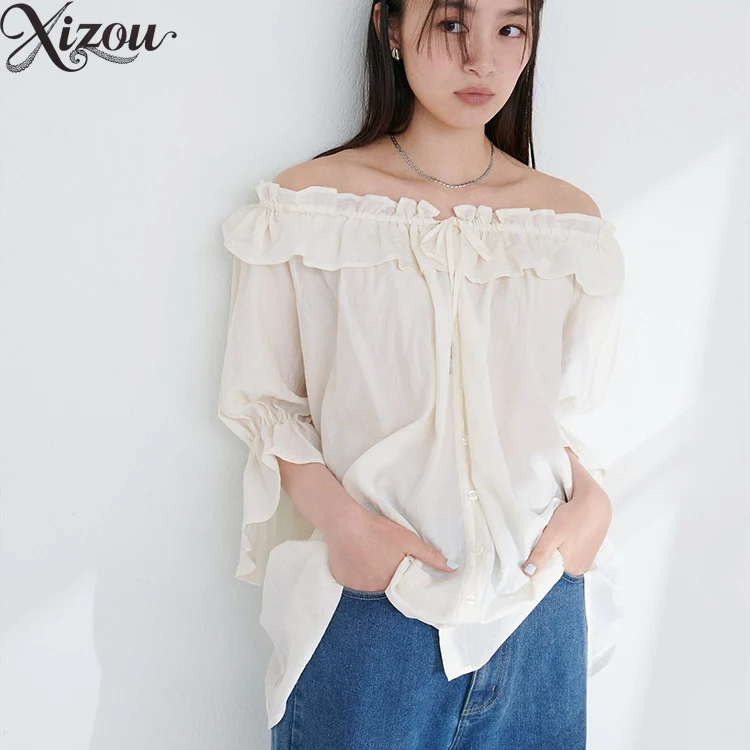 

Women Blouse Sweet Ruffle Slash Neck Half Sleeve Casual Loose Top Summer Women's Shirts Japanese Style Blusas Femininas