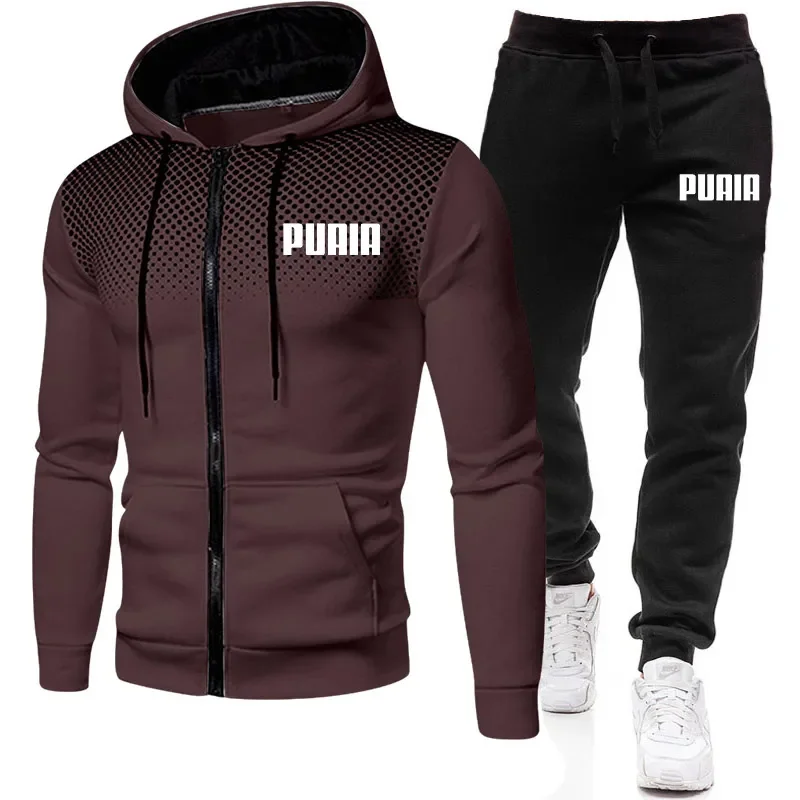 Mens Tracksuits+Sweatpants Two Pieces Suits 2023 Winter Print Zipper Hooded Sweatshirt Casual Fitness Jogging Sports Pants Sets