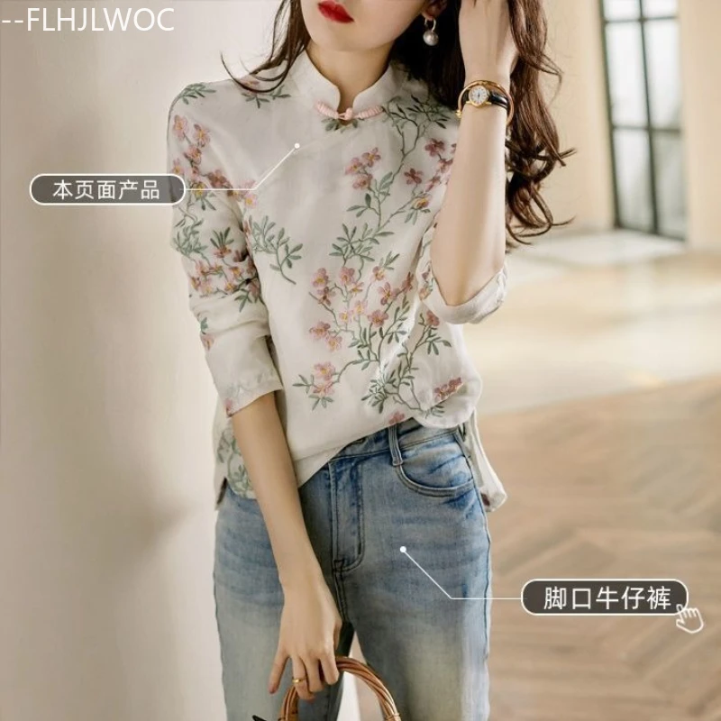 Chinese Style Chi-pao Collar Design Button Tops New Year 2025 Spring Summer Women Date Girls Elegant Retro Shirt Blouse Vintage