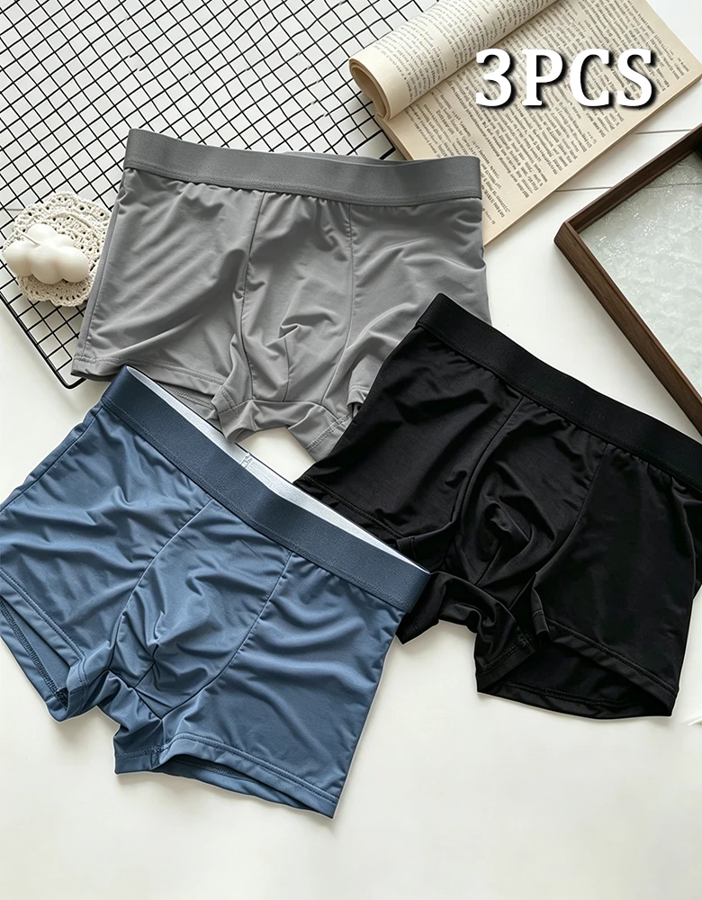 3Pcs Summer Men's Underwear Light Luxury Breathable Cool Polyester Fabric Comfortable Soft Solid Color Underpants Boxer Shorts