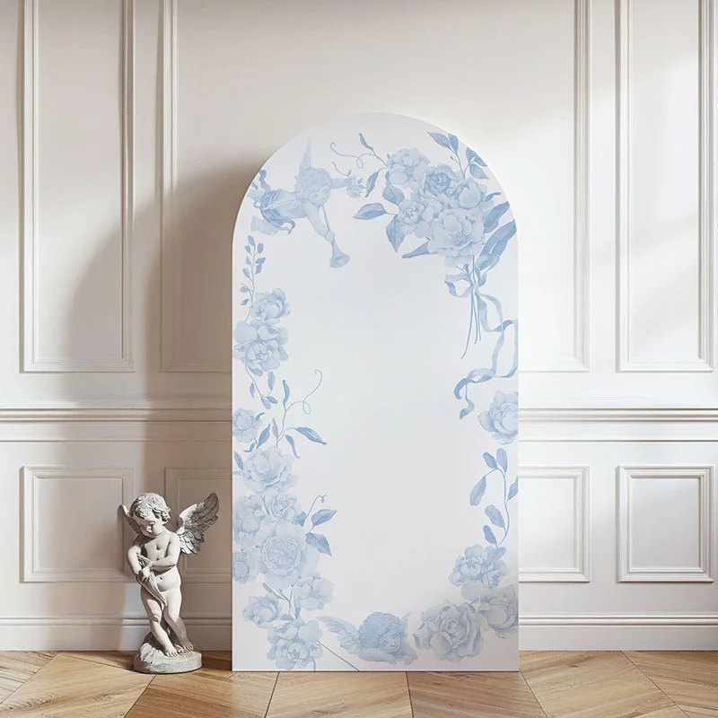 Mehofond Custom 2-Sided Blue Elegant Cherub Florals Kids Birthday Party Baby Shower Cover Chiara Arch Background Decor Backdro