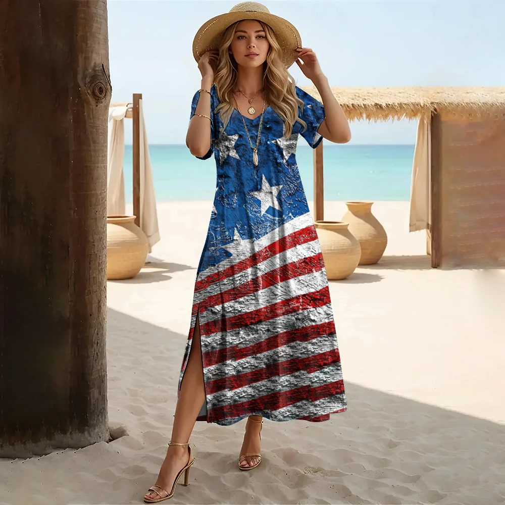 

New America Flag Print Women's Dresses Summer Vacation Dresses Long Dresses Female Plus Size Dresses Fashion Women's Clothing