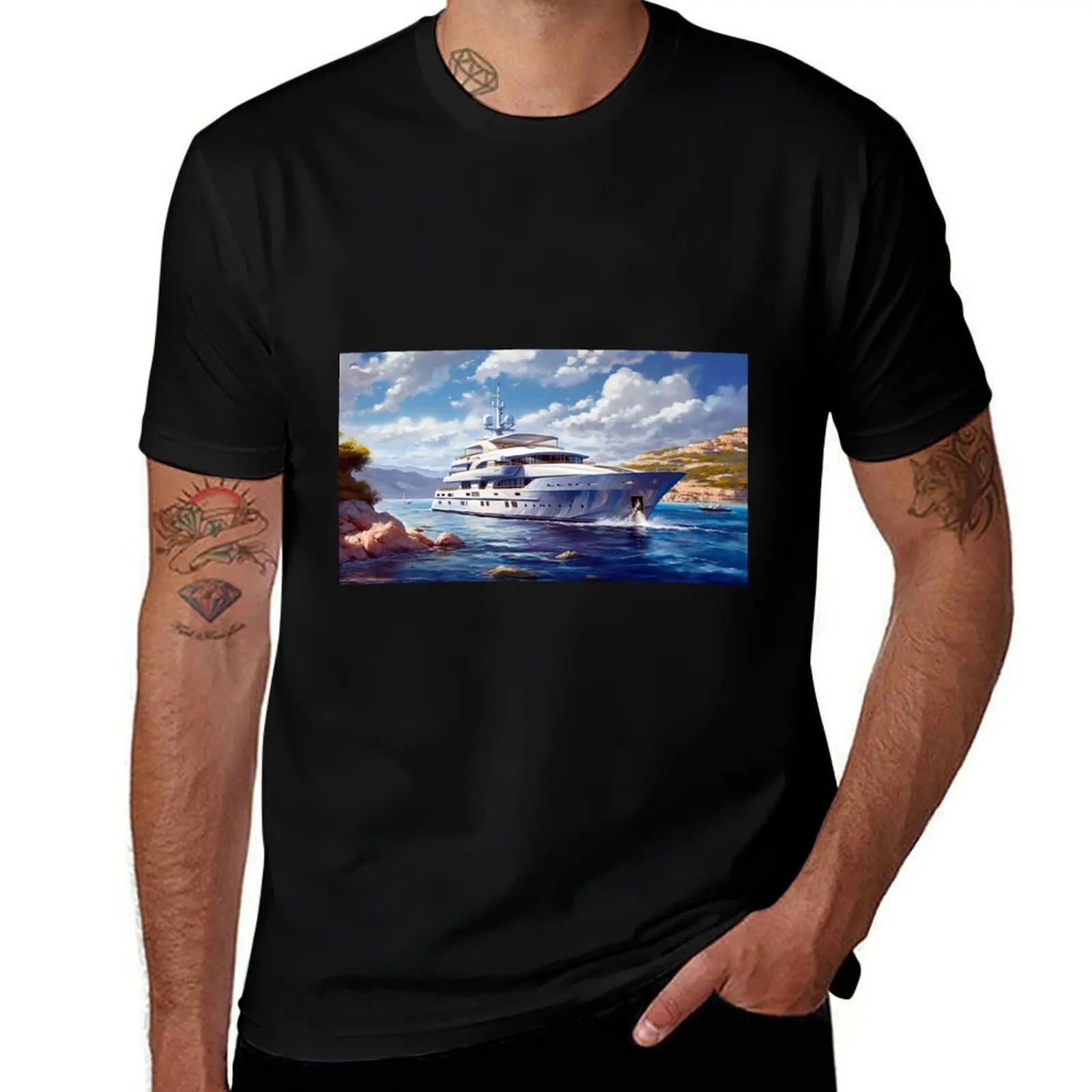 

Luxurious Super Yacht Cruising Through The Crystal Clear Waters T-Shirt t shirts with prints T-Shirt