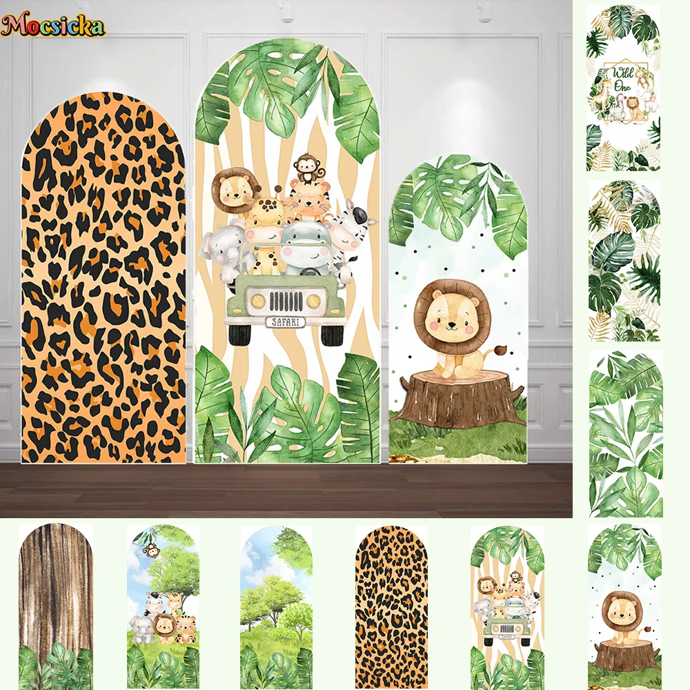 

Safari Baby Shower Arched Backdrop Spring Forest Animal Green Leaf Double-sided Cover Background Decor Birthday Party Booth Prop