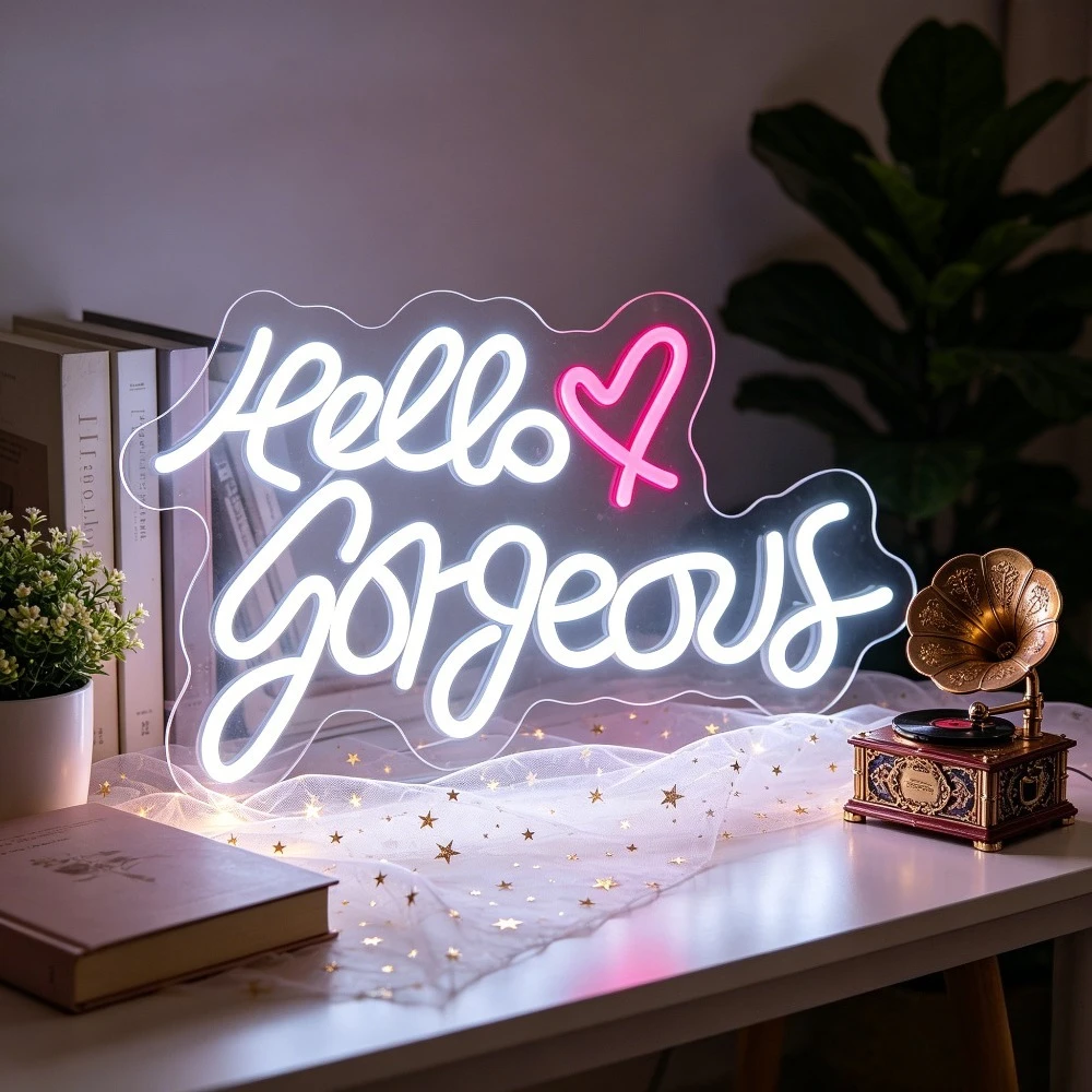 Hello Gorgeous Neon Sign Dimmable LED USB Wall Light for Girls Bedroom Vanity Beauty Salon Wedding Party Wall Decor Gift for Her