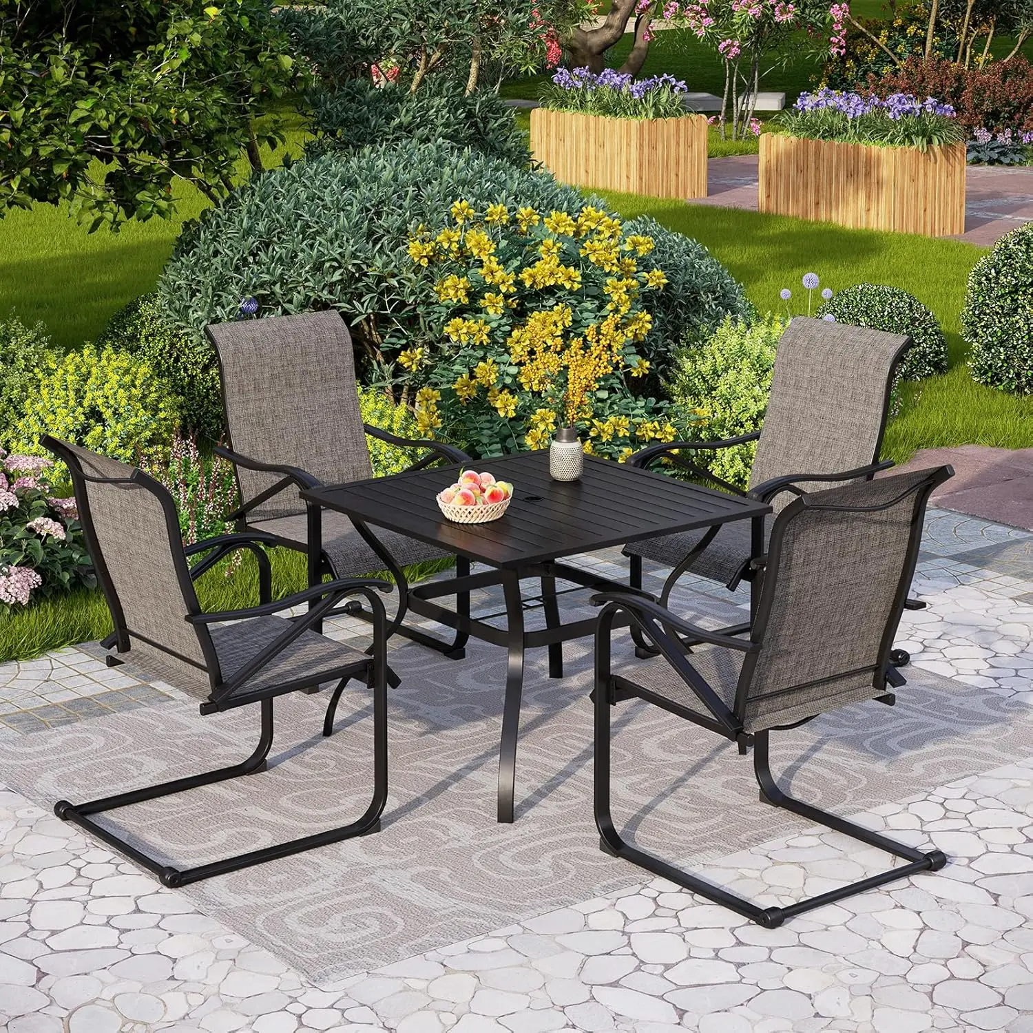 

5 Piece Patio Spring Dining Set for 4, 37” Square Metal Dining Table with Umbrella Hole & 4 Spring Chairs with Textilene