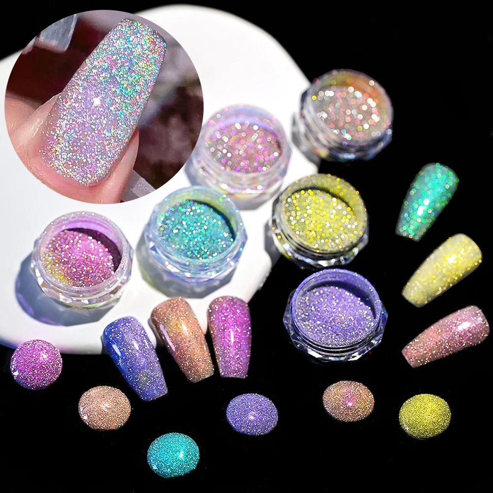 Poudre scintillante pour décoration des ongles, effet aurore holographique, poussière scintillante pour manucure, pigments de diamants cassés, 1 pot, 6 pots