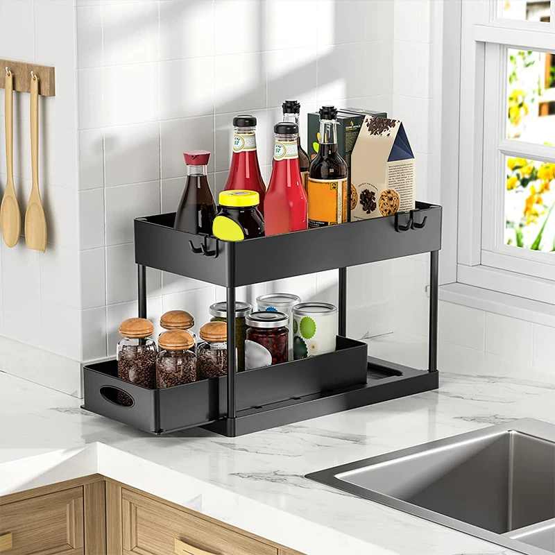 2 Tier Sliding Storage Rack Sink Sewer Hanger Rack With Drawers Simple Convenient Large Capacity Hook Kitchen Organizer Basket