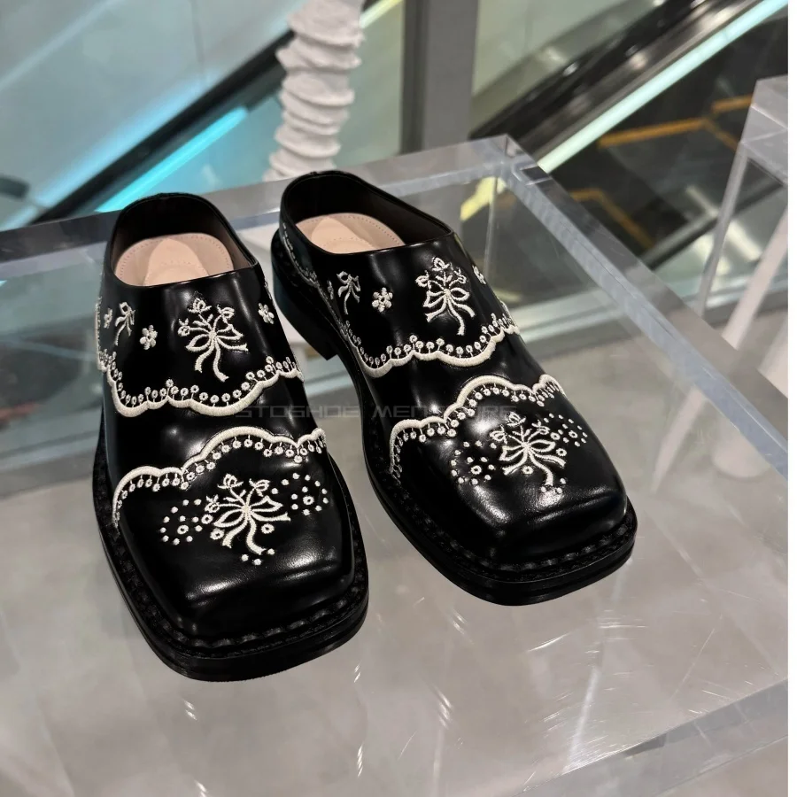 Men's Black Vintage Embroidered Lace Decor Square Toe Brogue Loafers Mules Backless Casual Leather Shoes Unisex Plus Size 35-45