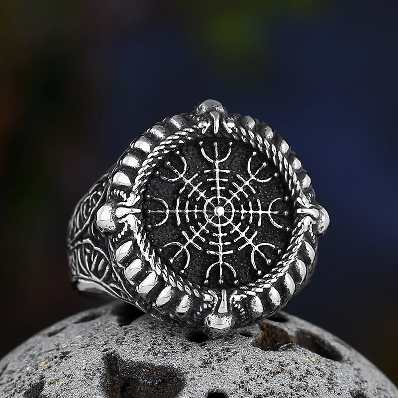 Dropshipping Stainless Steel Viking Compass Runic Statement Rings With Skull Punk Men Vintage Viking  Men Rings Jewelry