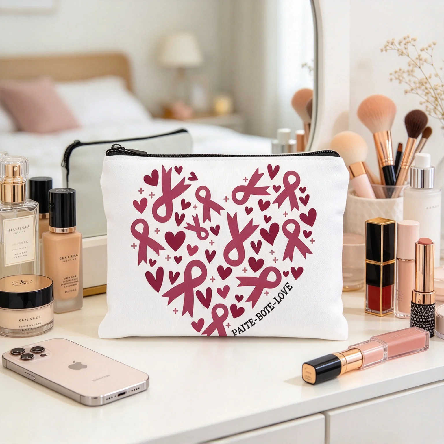 Pink Ribbon Heart Zipper Pouch, Breast Cancer Awareness Makeup Bag, Cute Love Heart Pattern Storage Bag, Gift for Women