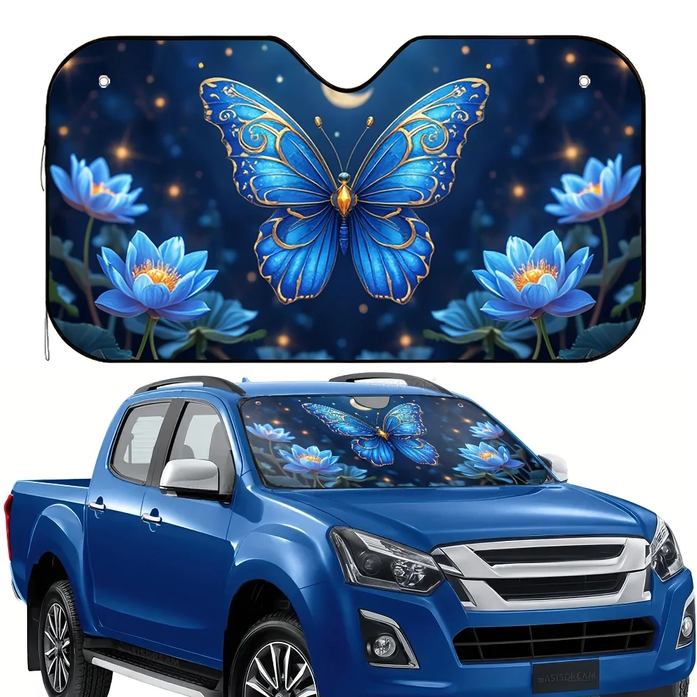 

1pc Blue Monarch Elegance Car Sun Visor - Fit For All Vehicles, Butterfly & For Lotus Floral Design With Sparkling Stars, Heat &
