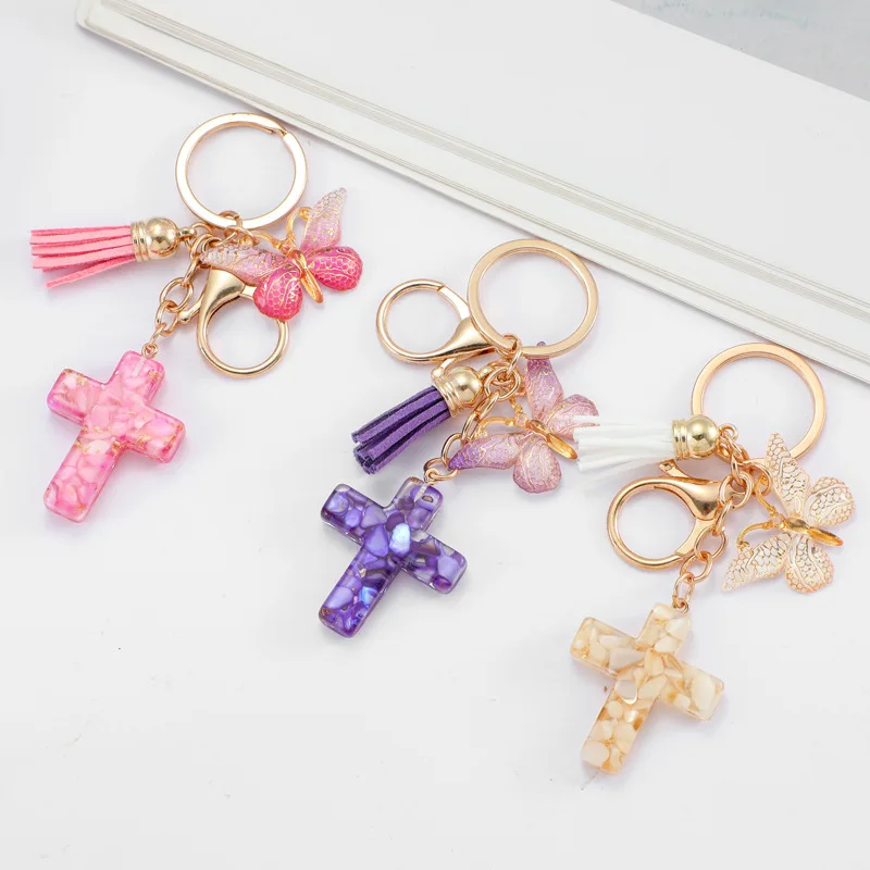 Exquisite Cross Butterfly Keychain Cute Resin Christian Cross Key Ring Purse Bag Pendant Car Key Accessories Women Party Gif