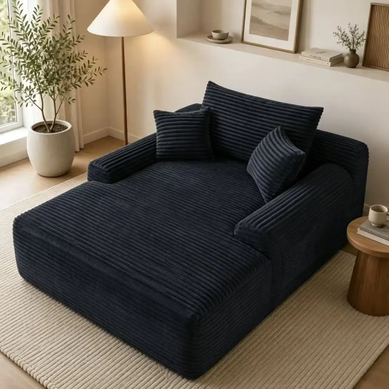 Convertible Chaise Lounge Chair Plush with Wide Armrest & Throw Pillows, Cozy Boneless Sleeper Sofa Bed Armchair, with cup holder,for Living Room, Bedroom, No Assembly Required,Black,plush