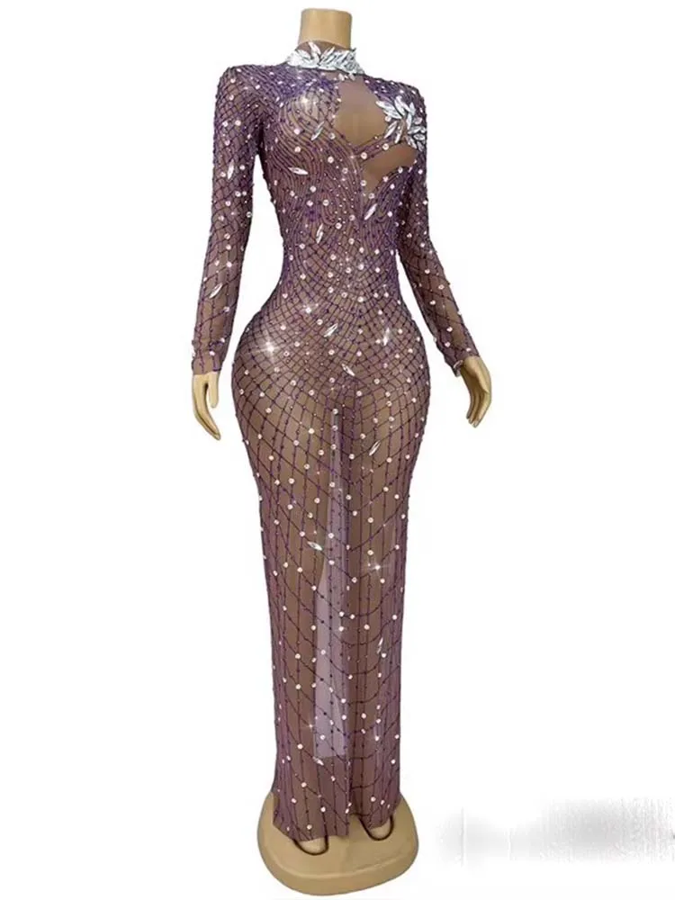 고품질 핫 스탬핑 섹시한 메쉬 탄성 드레스를 통해 볼 2025 새로운 패션 맞춤 여성 의류