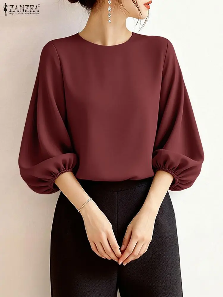 ZANZEA レディース エレガント 七分袖 ランタンスリーブ オフィスブラウス 2026 春夏ブラウス おしゃれ 無地 OL ワークシャツ カジュアル Oネック トップス